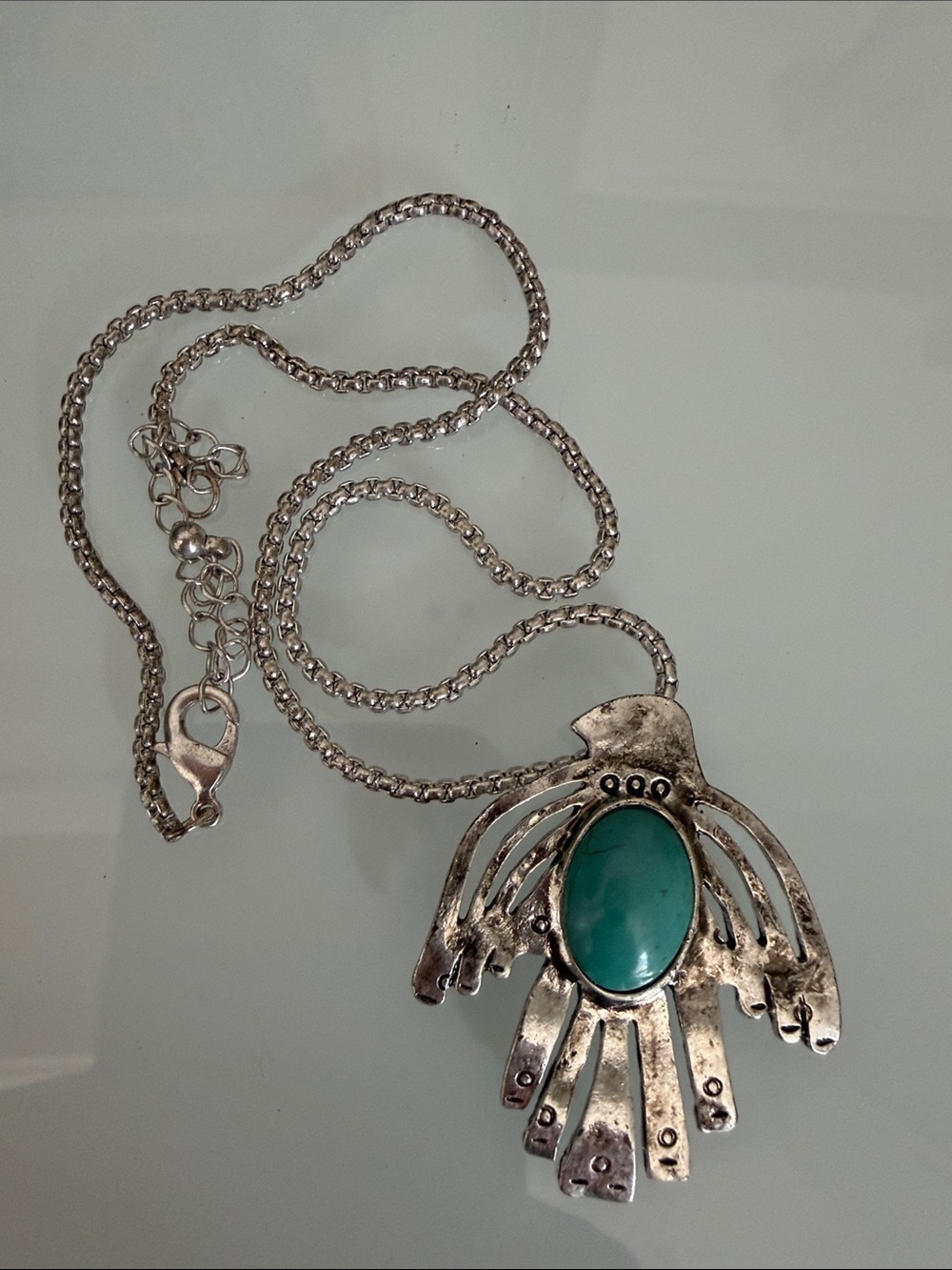 Silver-Tone Pendant Necklace with Teal Oval Stone